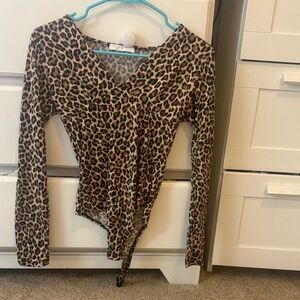 cheetah Print V-Neck Long Sleeve Bodysuit - Brown